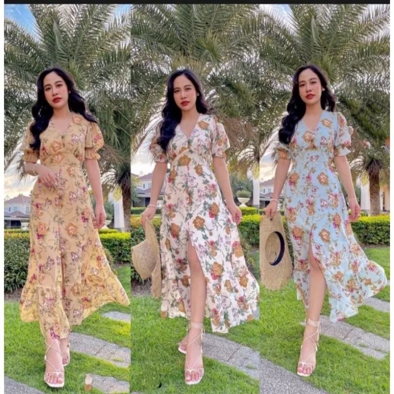 SUMMER DRESS PANTAI SIFON MUSIM PANAS KERAH V NECK KANCING APLIKASI RESLETING BELAKANG PINGGANG TAMPAK KURUS LANGSING ROK TRRUSAN MAXI PANJANG BAWAH LUTUT KUALITAS IMPORT IMPOR SUPER CANTIK GADIS BELIA WANITA FLOWER MOTIF BUNGA FLORAL KEMBANG DEWASA