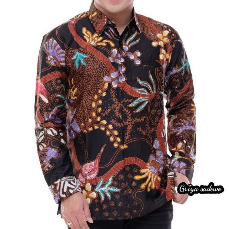 Kemeja Baju Batik Pria Dewasa Lengan Panjang Tulis Kombinasi Satin Hitam