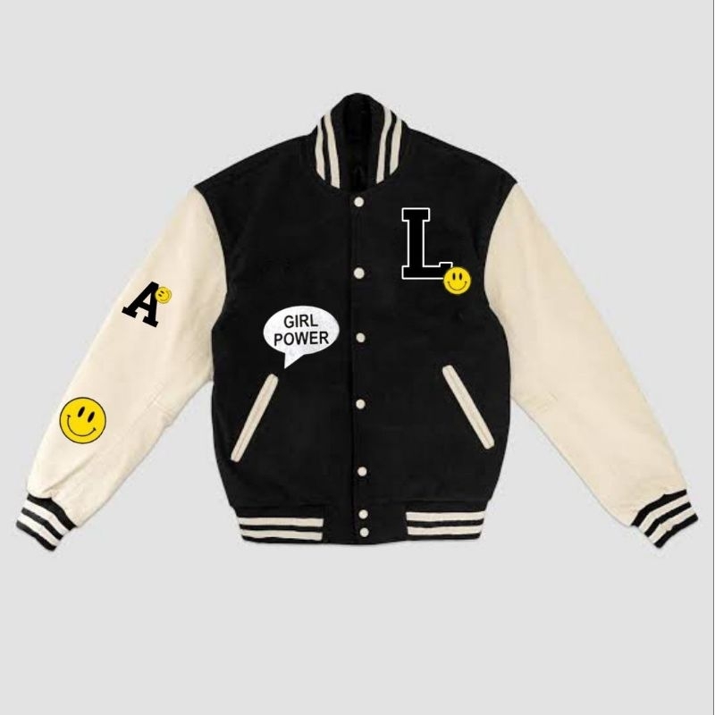 Jaket Varsity Baseball Anak Unisex (1 th - 18 th) LOGO INISIAL R (SABLON) (BISA CUSTOM INISIAL) Jaket Bomber Kancing SMILE GIRL BOY POWER FLeece Unisex 1 2 3 4 5 6 7 8 9 10 11 12 13 14 15 16 17 Tahun Jacket KIDS Mix Kombinasi 2 Warna Two Tone Street Style