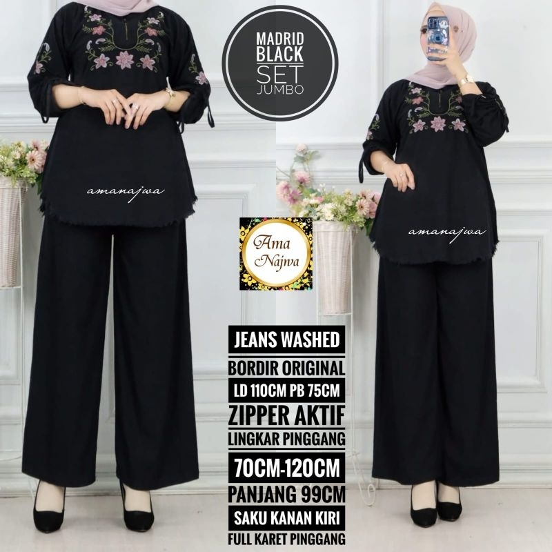 Tulip One Set Setelan Celana Kulot Blouse Polos Hitam Jeans Rawis Bordir Bunga Ld 110 Jumbo Fit XXL 