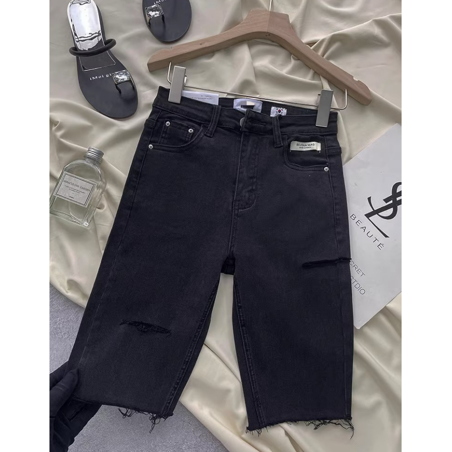 celana pendek jeans wanita jumbo 3 4 stretch ripped highwaist denim Highwaist jeans cewek terbaru