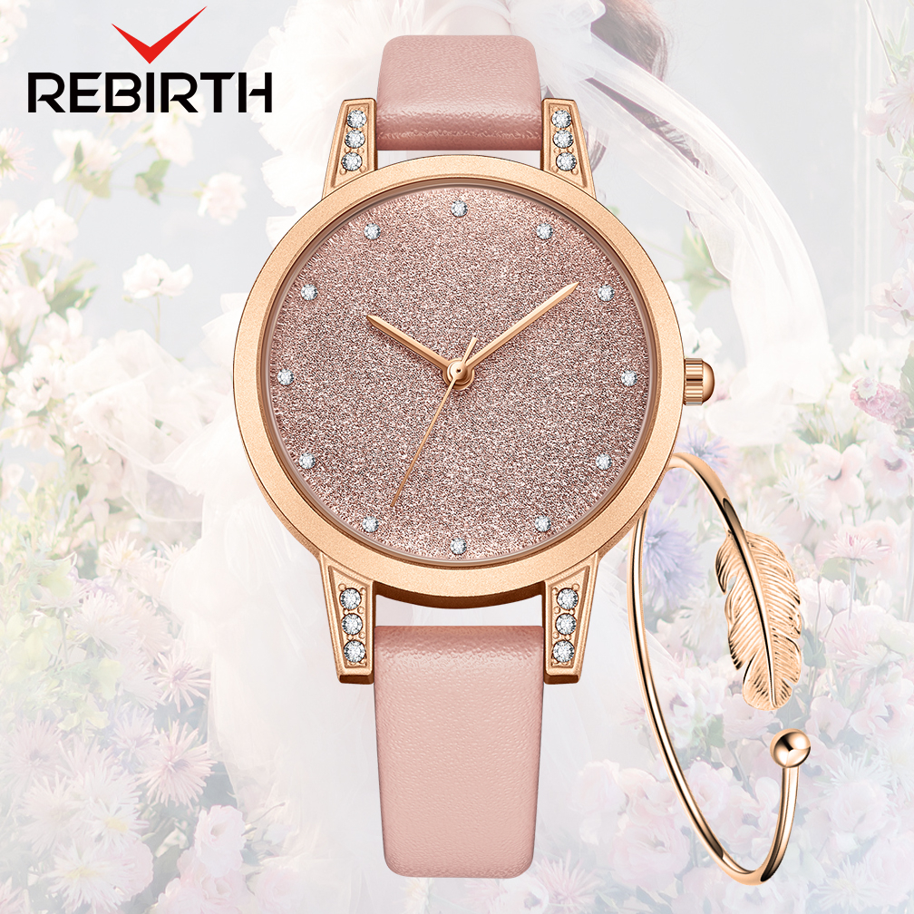 REBIRTH Jam Tangan Wanita Santai Bisnis Mode Gaya Tali Kulit Anti Air Jam Tangan Cewek