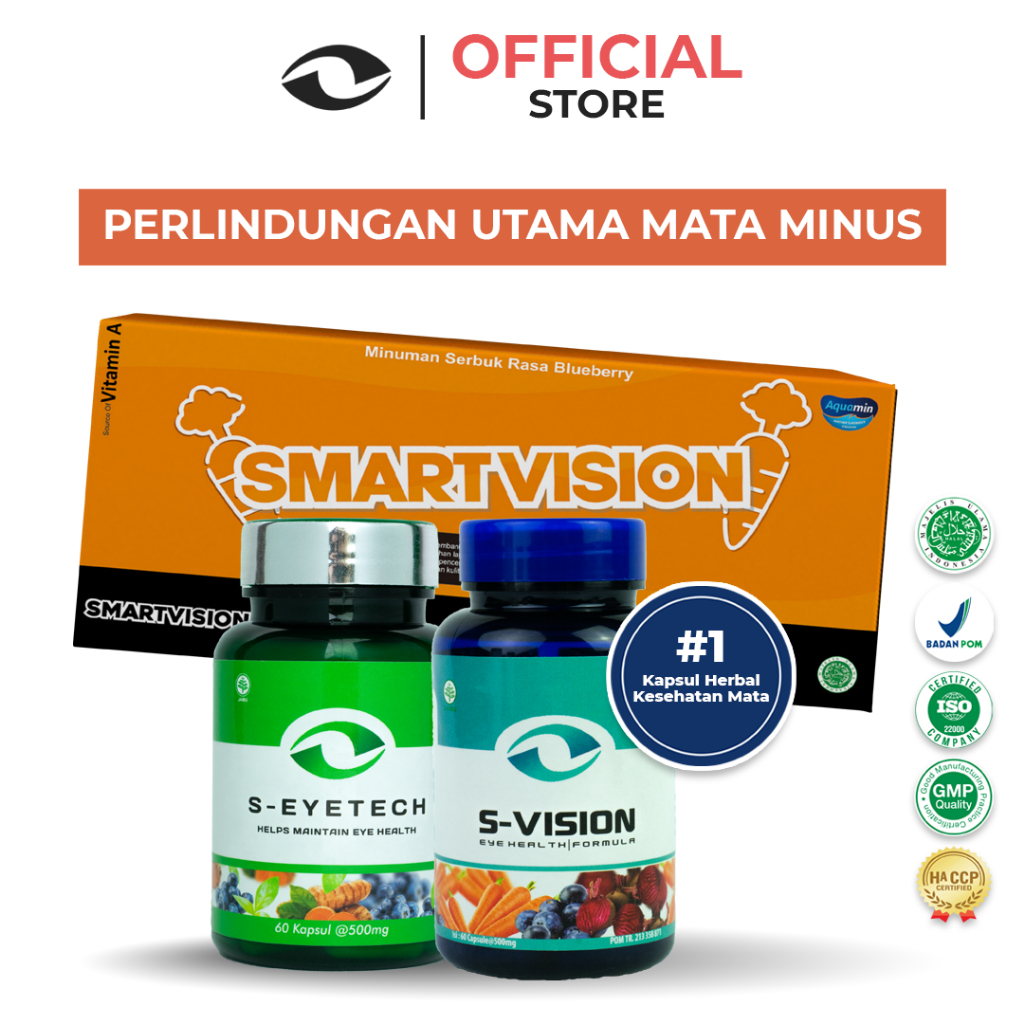 SMART VISION Suplemen Mata Minus, Plus, &amp; Silinder Terbaik - ( 1 Box Smart Vision Blueberry + 1 Botol S-Vision 30 Kapsul + 1 Botol S-Eyetech 30 Kapsul )