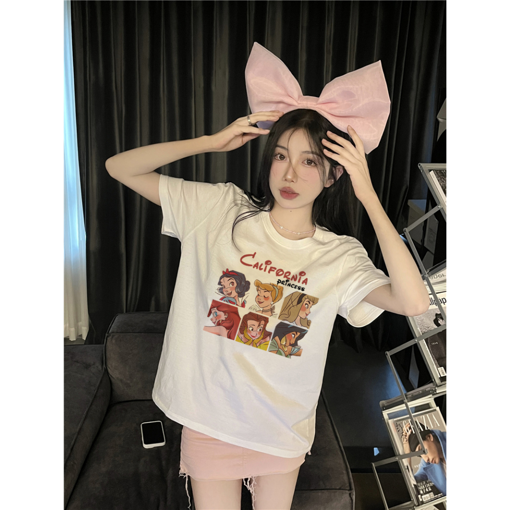 EUNII T-shirt Lengan Pendek Cartoon Disney Princess Printing Korean Style/Kaos Atasan Wanita/Baju Kaus Oversize Wanita/Kaos Wanita