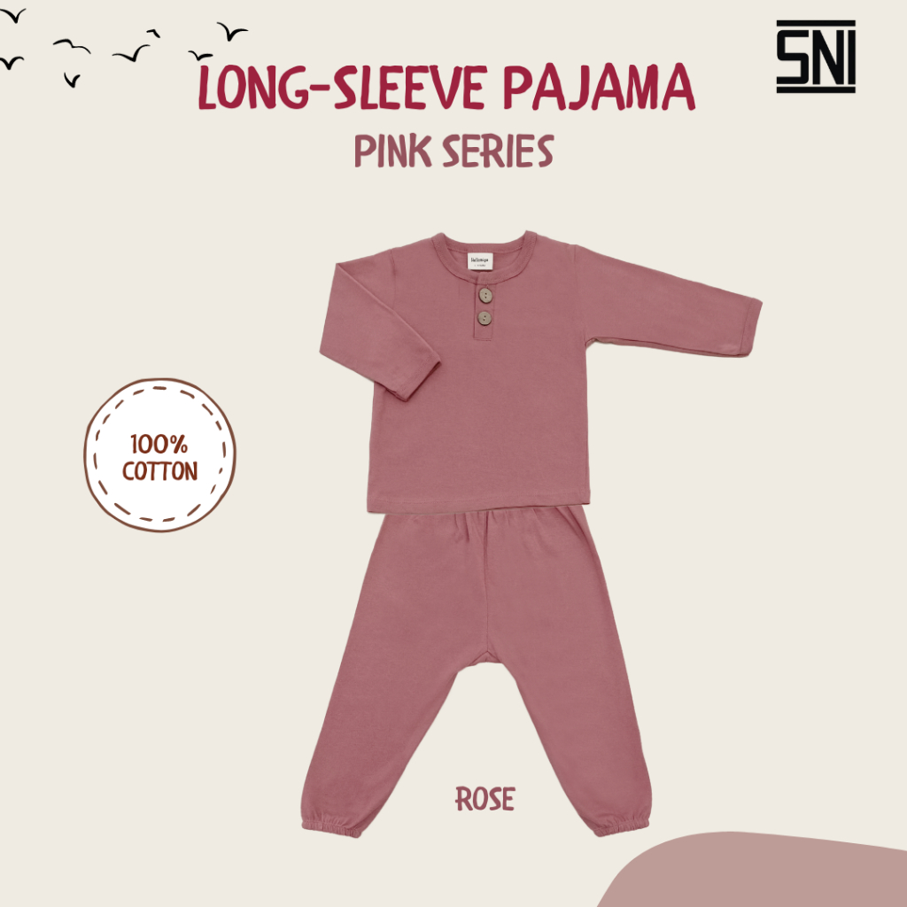 Hellomigu Long Sleeve Pajama Set/ Piyama Baju Tidur Setelan Bayi Perempuan Laki laki Anak Cewe Cowo Bayi Polos 0-6 6-12 Bulan Pink Series