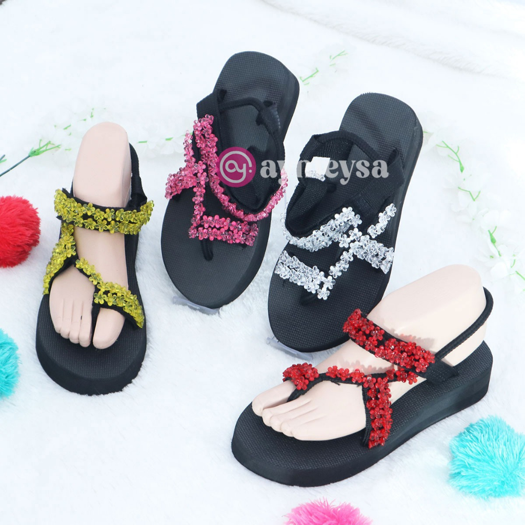 BERDY (Beads Sandal - Sandal Mote/Manik Sakura Wanita) Tinggi 3cm Sendal Wanita Tali Manik Mote Sandal Tali Unik dan Elegant Terbaru 2023