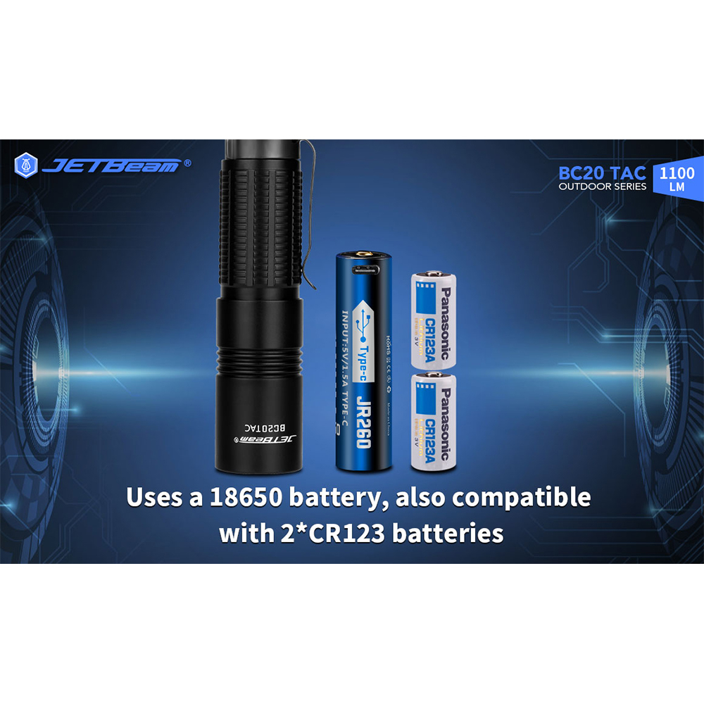 JETBeam Senter LED CREE XP-L HI Outdoor Flashlight Rechargeable 1100lm - BC20 TAC - Black