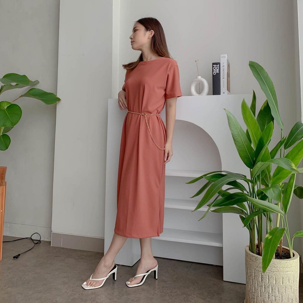 CLARA PREMIUM KNIT LOOSE MIDI DRESS KOREA - LONG DRESS BUMIL FRIENDLY - DRESS SANTAI- MIDI DRESS BASIC WITH SLIT - DRESS GARIS GARIS - HADIAH ULTAH CEWEK