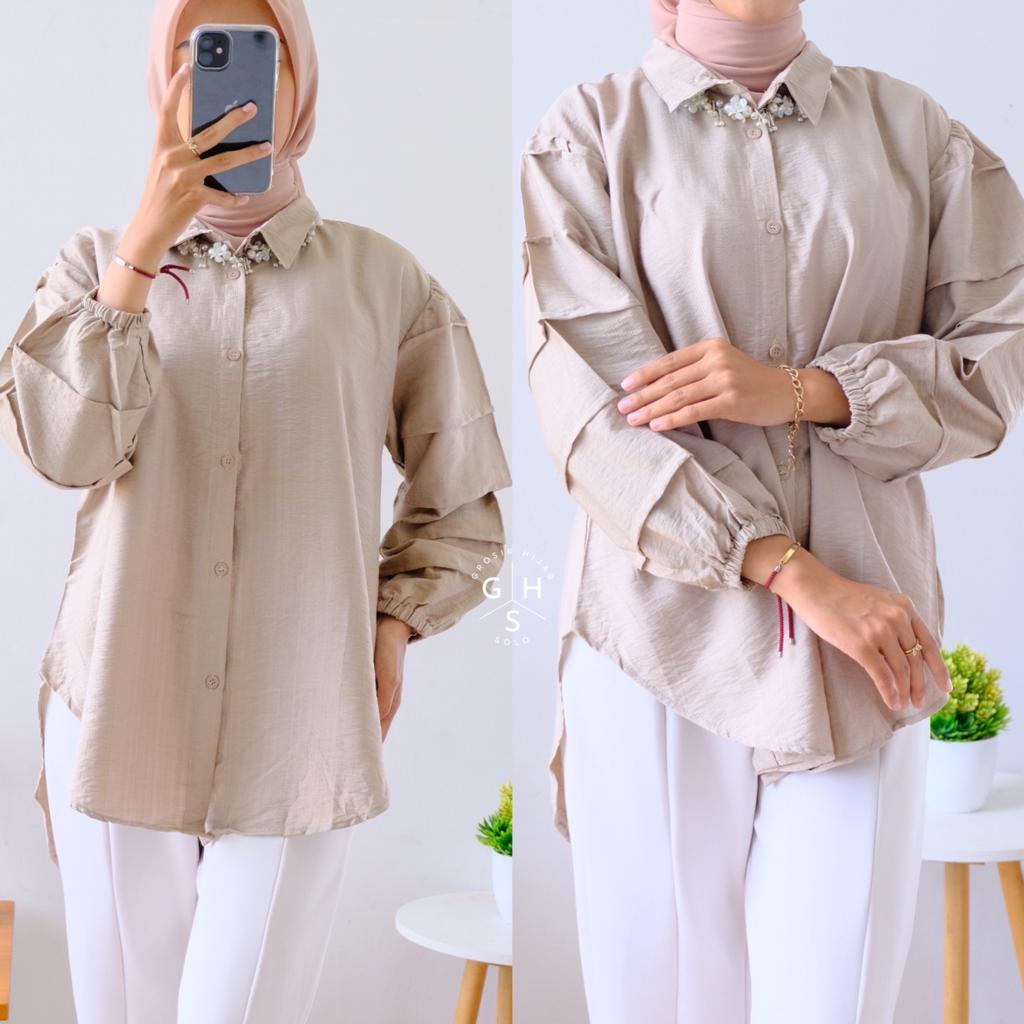 CHALYA KEMEJA FULL KANCING BLOUSE BUSUI ATASAN WANITA POLO LINEN PREMIUM (MGA)