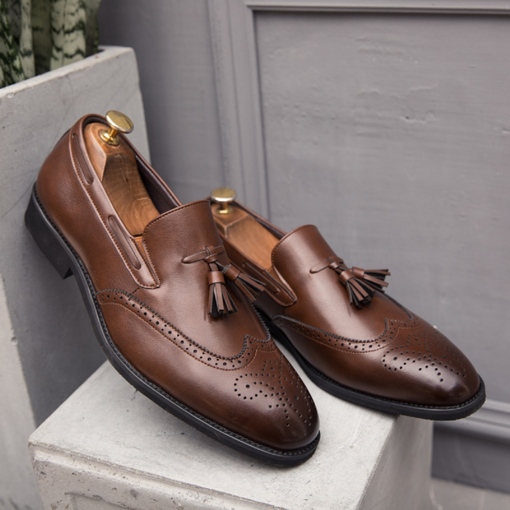 Fashion Kulit Sapi Asli Klasik Sepatu Pria Tassel Loafer Sepatu Pantofel Santai Formal Kerja Pesta Kantor Full Hitam Polos Keren 290