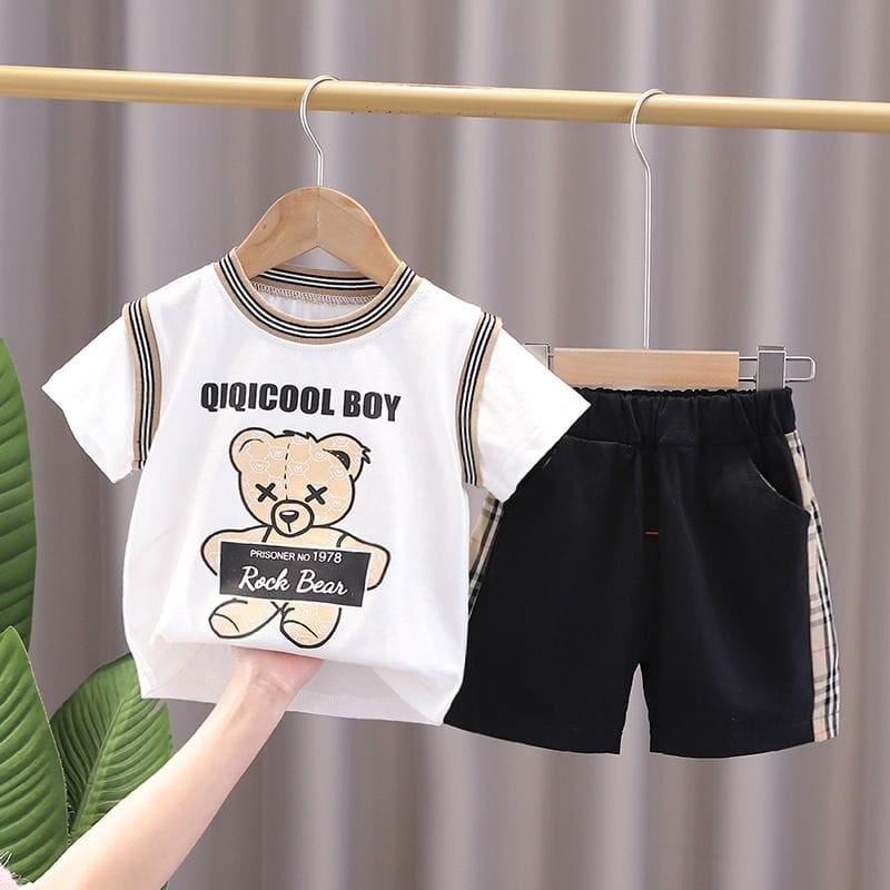 SETELAN ANAK / BAJU KAOS RIB QIQICOOL BEAR/LENGAN P[ENDEK CELANA PENDEK /UNTUK ANAK USIA 6 BULAN SAMPAI 4 TAHUN /BISA COD