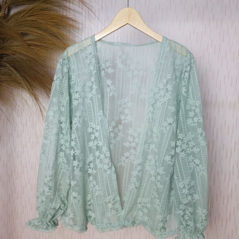 Kardigan Brukat Hijau Sage / Cute Lace Outer Brukat / Atasan Brukat Hijau Sage