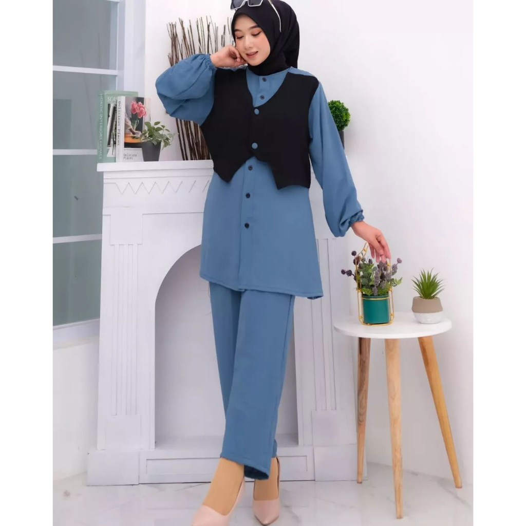 ONE SET WANITA MUSLIM IMPORT KEKINIAN ARTHA ONE SET BAHAN CRINKLE TUNIK SET CELANA WIDE LAGE MODEL KASUAL ATASAN TERLARIS 2023