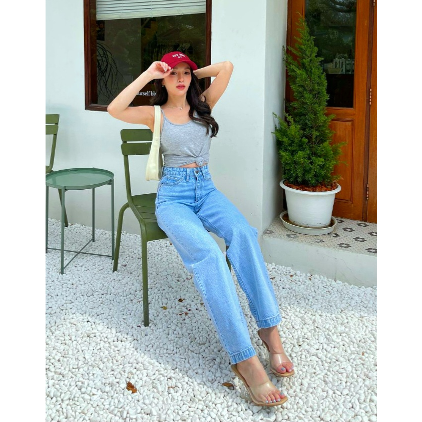 YAOSHI - Celana panjang Highwaist Jeans Wanita - Boyfriend Kulot loose  jeans basic lipat Gaya Korea