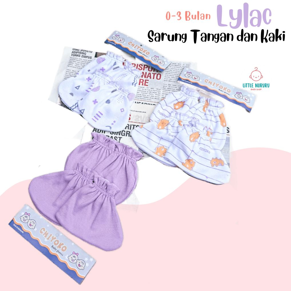 3 Set (12 Pcs) Sarung Tangan dan Kaos Kaki Bayi Newborn 0-3 Bulan Lilac Series Chiyoko