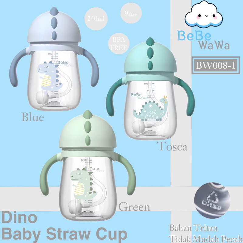 BeBeWaWa Dino Baby Straw Cup - Tritan Straw Cup - Botol Minum Bayi &amp; Anak