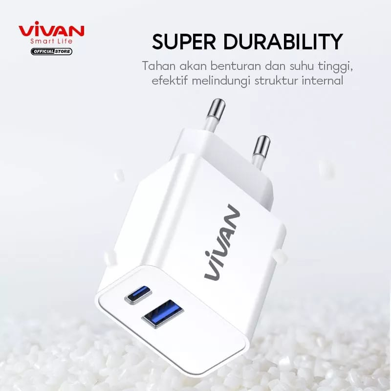 VIVAN Adaptor Charger Power 25 3A PDQC3.0 Batok Dual Port with Super Durability White