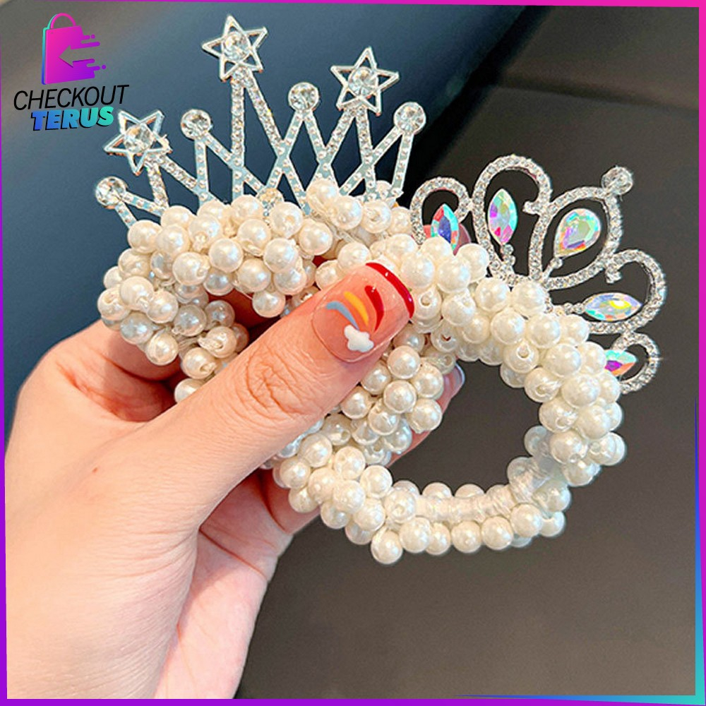 CT C879 Ikat Rambut Anak Perempuan Motif Mahkota Mutiara Korean Style Ikat Rambut Princess Lucu Girls Hair Ties Karet Rambut Mutiara Import