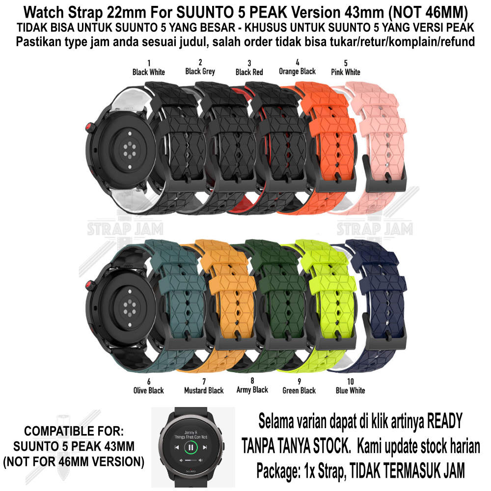 ZQT Strap 22mm Suunto 5 Peak 43mm (VERSI PEAK) - Tali Jam Tangan Silikon Rubber Quick Release