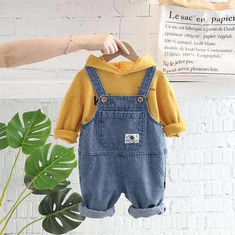 One set premium anak lakilaki lucu usia 6 bulan - 5 tahun baju kodok kembar MUSTARD GREY &amp; DENIM