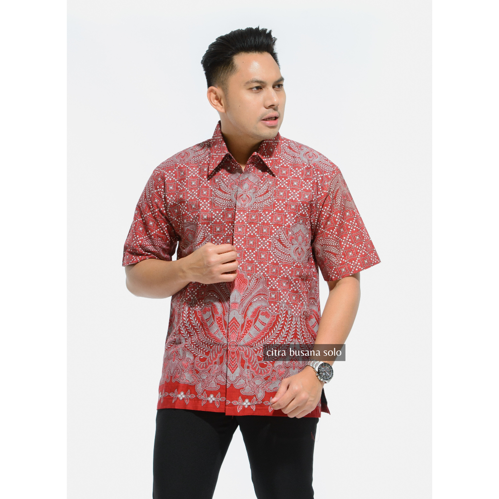 CAKAR PARI MERAH PENDEK Kemeja Batik Pria Full Furing Bahan Katun Primisima