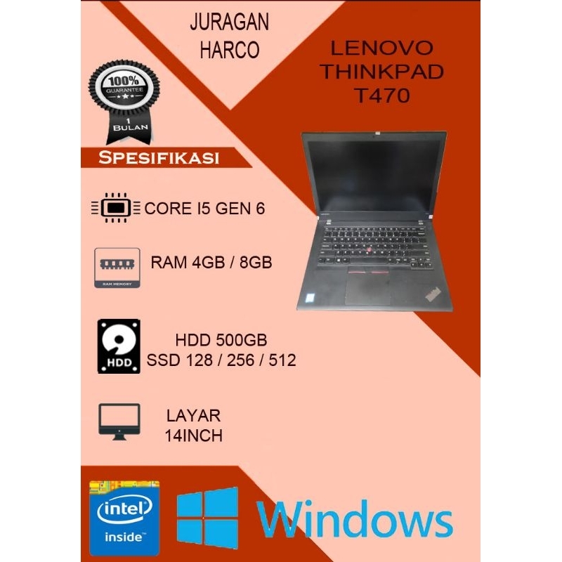 laptop Lenovo T470 core i5 gen 6 ram 8gb SSD 256