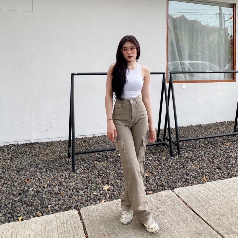 Sevins - Highwaist loose jeans cargo mocca