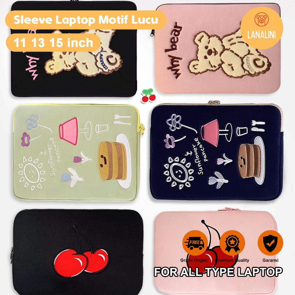 Sleeve Pouch Sarung Tas Portable Bag Case Ipad Tab Tablet Macbook Air Pro Laptop Asus VivoBook Zenbook Acer Lenovo Yoga Ideapad Legion HP Huawei 11 12 13 14 15 14s inch Motif Gambar Kartun Warna Putih Coklat Pink Hitam Biru Cute Murah Korean Model