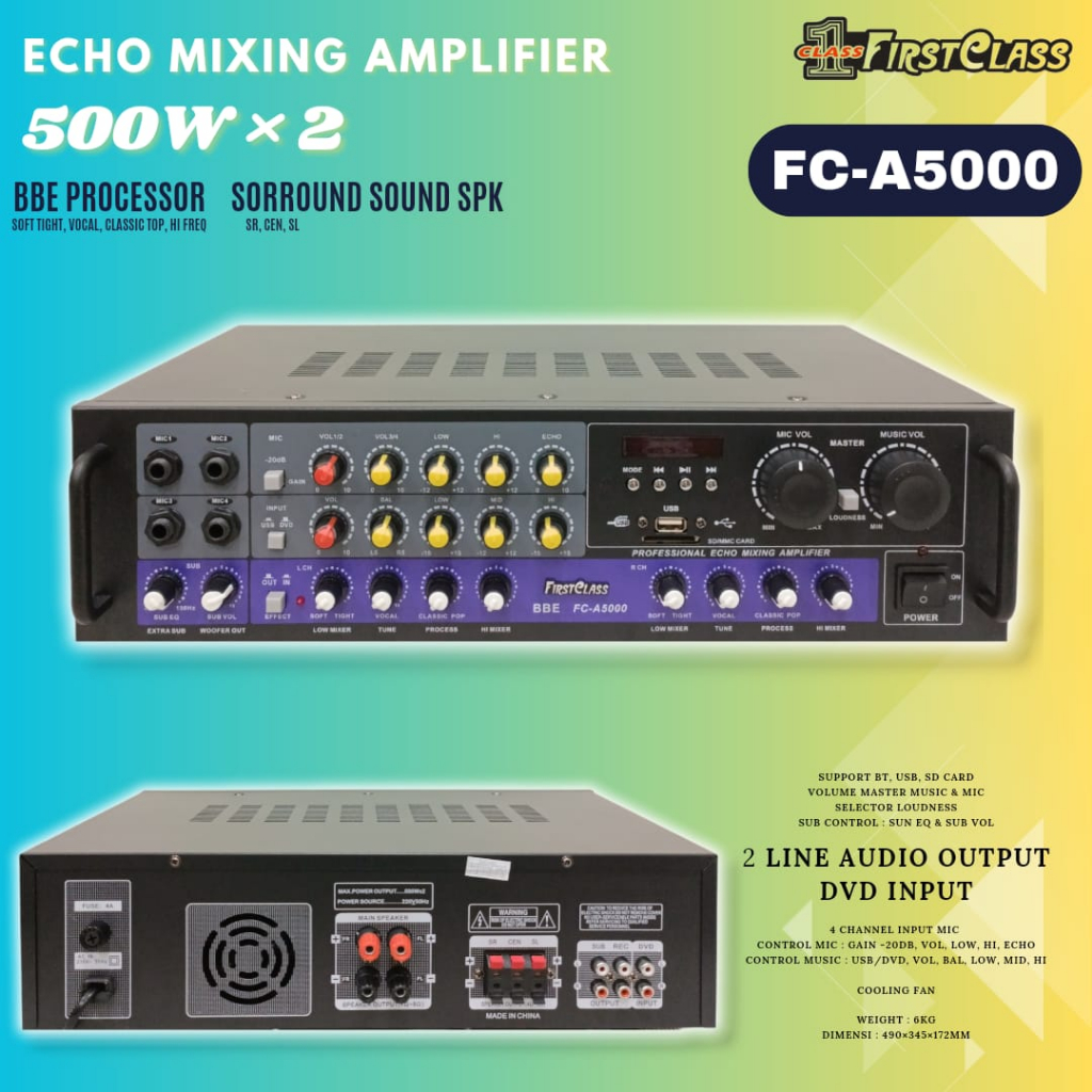 Amplifier Power Amplifier FIRSTCLASS FC 5000 Bluetooth BT SD USB Subwoofer 4 Mic