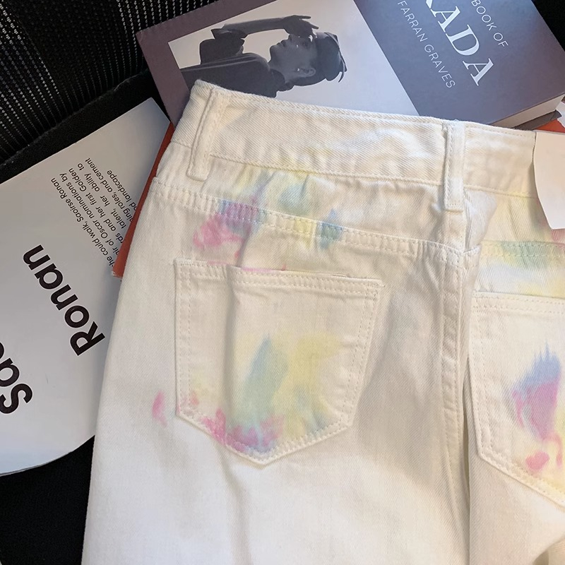 Korea Tie-dye Putih Highwaist Loose Celana Jeans Wanita Terbaru