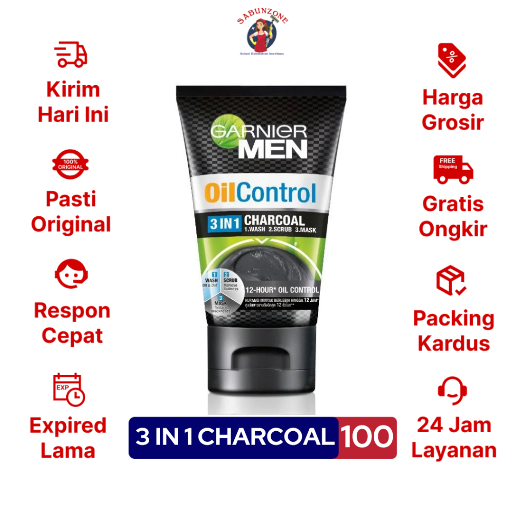 Sabun Cuci Muka Garnier Men Oil Control 3 in 1 Charcoal 100 ml