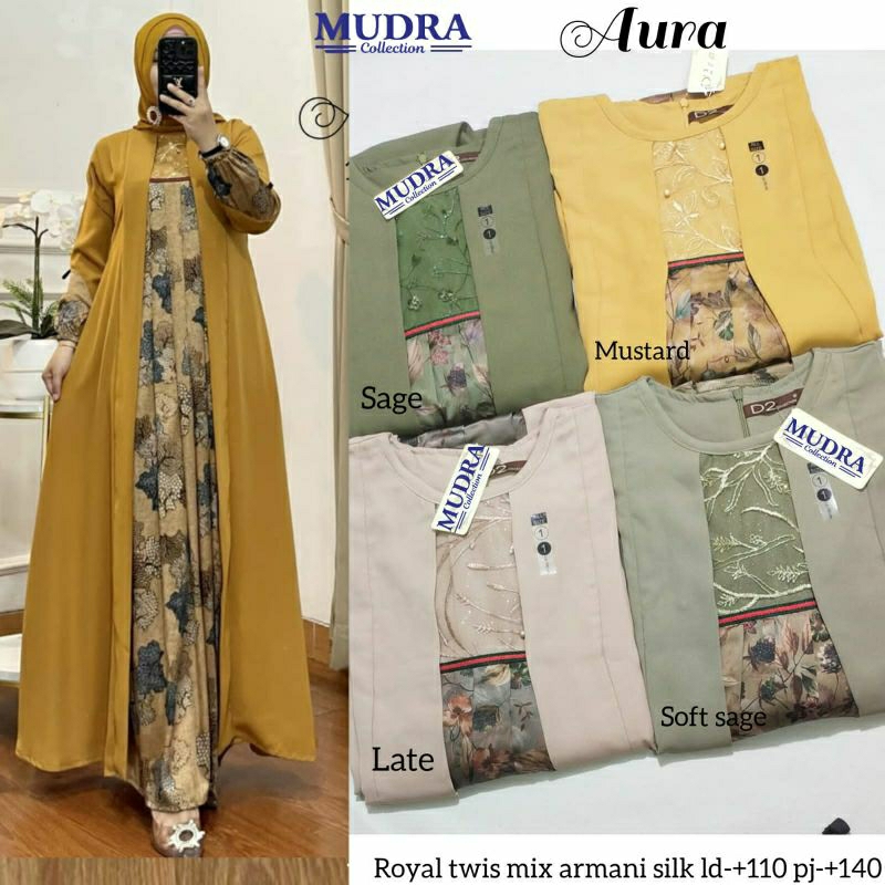 new model**AURA#2 gamis maxy premium dress**bahan royal twist mix armany silk*by Mudra collection