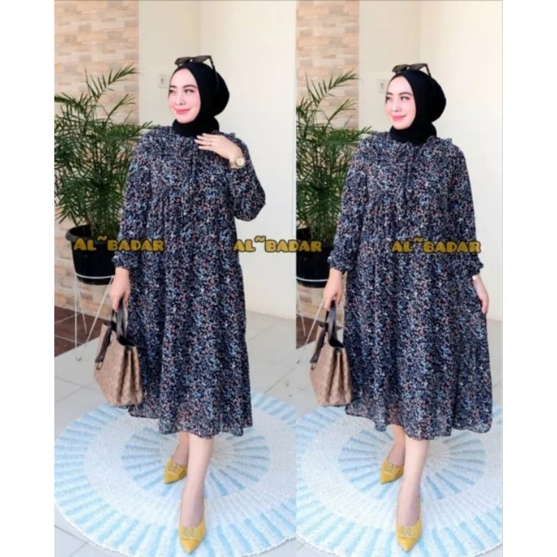 MIDI DRESS MOTIF BUNGA CERUTY BABYDOLL//BISA COD//GAMIS MIDI BUNGA BUSUI