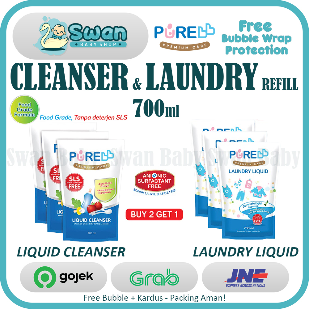 PURE BB Liquid Cleanser (Cuci Botol) &amp; Laundry Liquid (Deterjen) Refill 700ml ( Isi 3 )