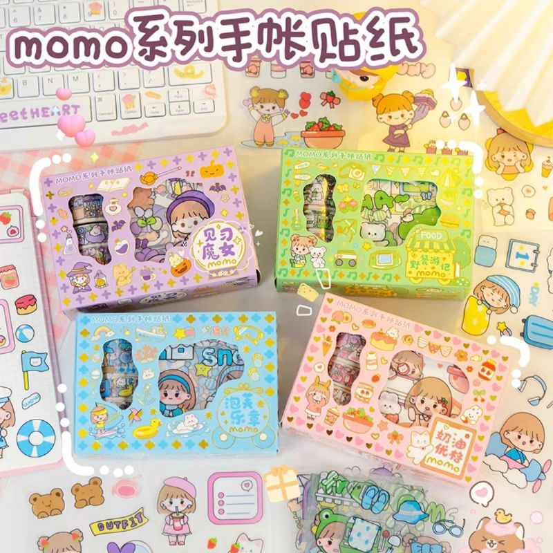 Stiker Box Momo [Stiker+Solatip] Motif Karakter Warna Cantik Whasi Sticker SET Momo Dekor Dairy Jurnal Sticker Pet Anak Lucu Dan Menarik