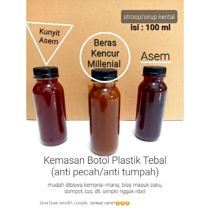 TERBARU - Sirup kental Stroop 100 ml, Rasa : Asem, Beras Kencur Millenial, Kunyit Asam, dari bahan alami, baik untuk kesehatan, sebagai pemanis alami, mudah dibawa kemana-mana