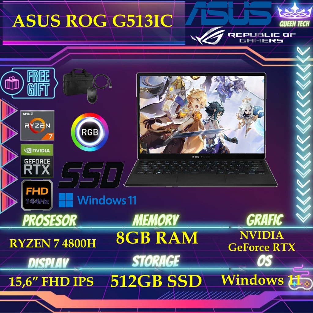 ASUS ROG G513IC R735B7GO11 - RTX3050 4GB RYZEN 7 4800H 8GB 512SSD WINDOWS 11+OHS 15.6 INCHI FHD 144HZ RGB