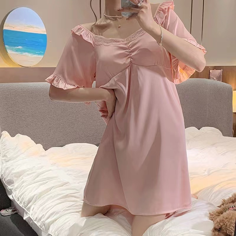 2023 Versi Korea Baru dari Piyama Lady Ice Sutra Tipis/Pendek -Lace Mid -Length Nightdress