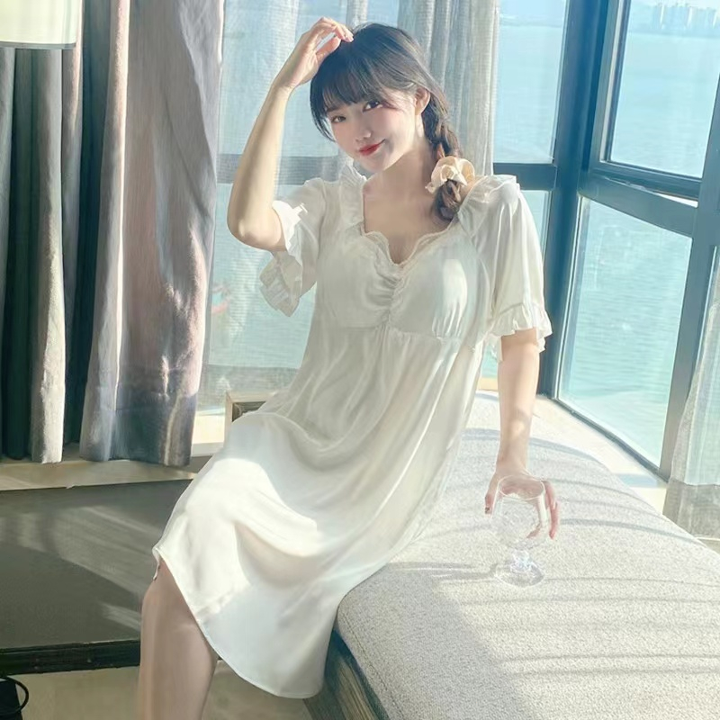 2023 Versi Korea Baru dari Piyama Lady Ice Sutra Tipis/Pendek -Lace Mid -Length Nightdress