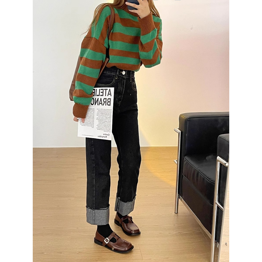 Jeans High Waist Colorblock Rolled Hems Wanita korea Style Celana Kasual Retro