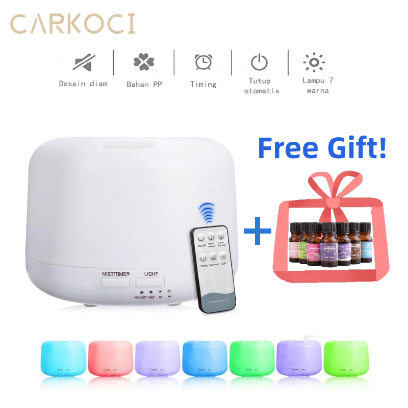 Ultrasonic Aroma Diffuser Humidifier 500ML+2 Pcs Free Essential Oil Air Purifier Remote Control 7 Led Colorful LED Pelembab Pengharum Ruangan