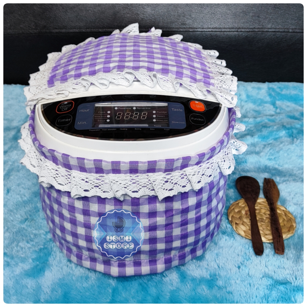 Sarung MAGICOM DIGITAL Oval/Bulat Estetik Rice Cooker Digital Kekinian Motif Kotak Gingham Aksen Renda Rajut dengan Tutup Atas Unik Lucu by Ismi Store