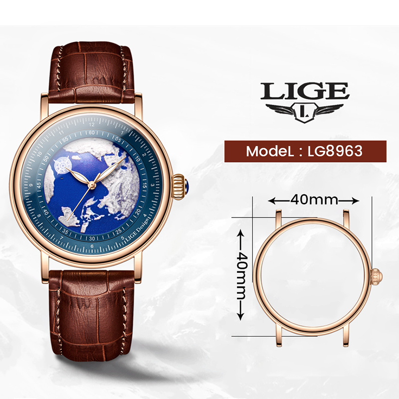 LIGE Mode Jam tangan pria anti air Santai sederhanaTali kulit Wrist Watch + Box