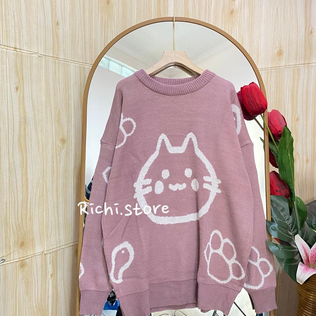 Caitlin oversize sweater rajut korean style motif kucing