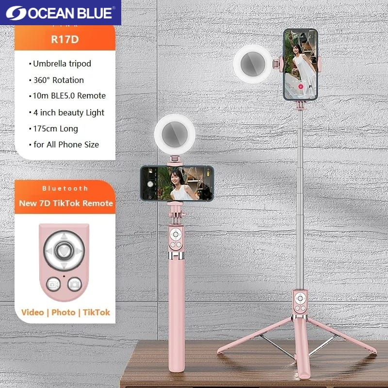 Ocean Blue OCN R17D Tripod Tongsis Remote Bluetooth Selfie Stick Lampu LED Flash 360° Tongsis Tripod Ringlight Portable 360 Derajat