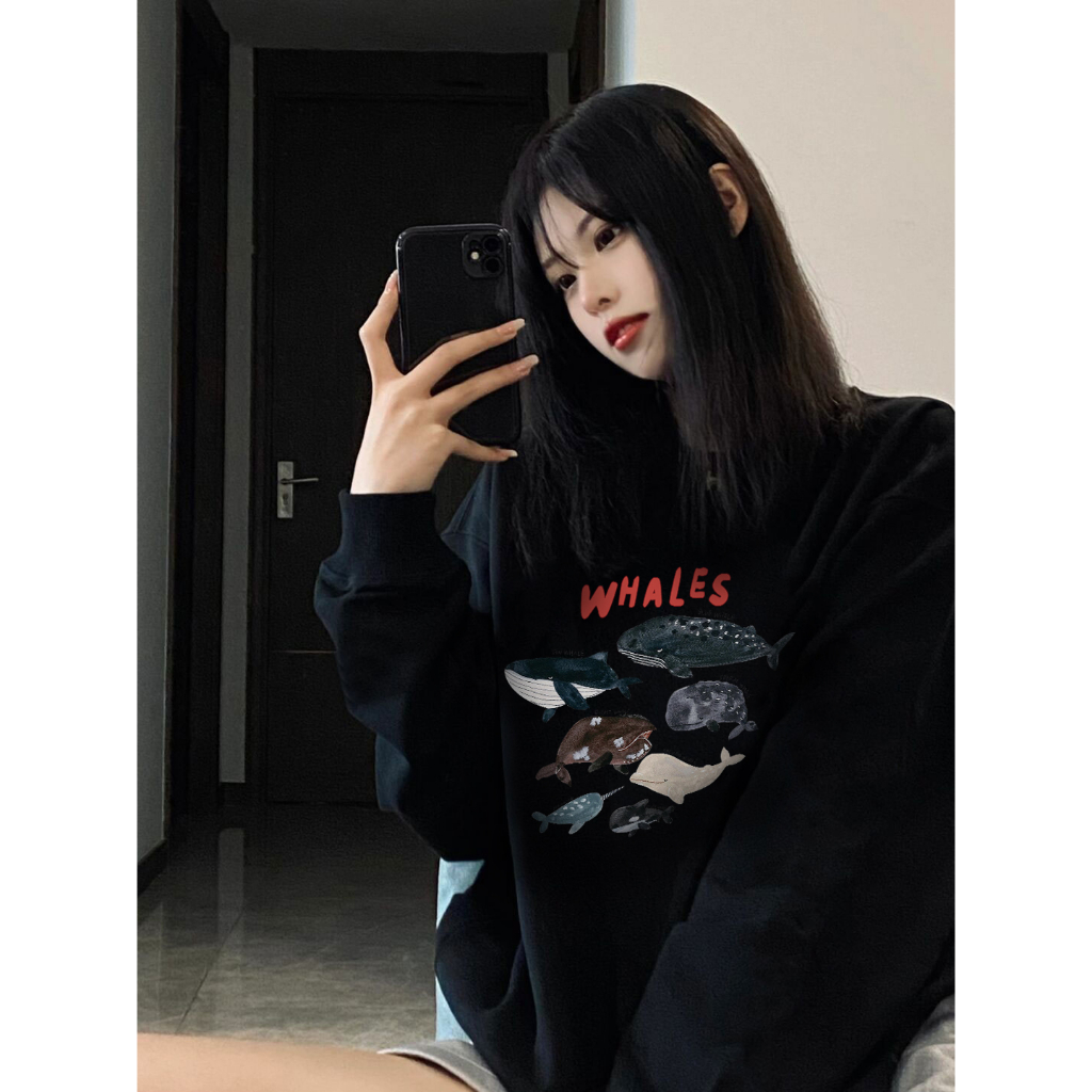 EUNII Sweater Lengan Panjang Cartoon Whale Printing Korean Style/Sweater Crop/Baju Wanita/Switer Wanita/Switer