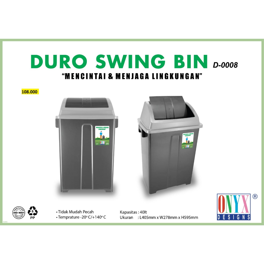 Swing Dust Bin ONYX D-0008 40 Liter Tempat Sampah Tutup Tong Sampah Keranjang Sampah 40L Tutup Swing
