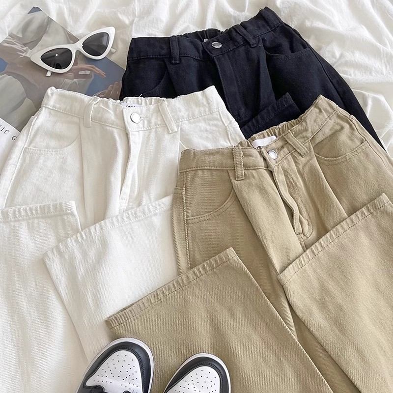 Korea Style Jeans Wanita High Waist Celana Panjang Khaki Straight Pants Loose Jeans