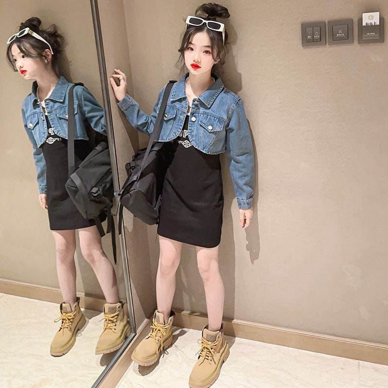 Setelan OUTER JEANS Anak Perempuan Dengan Dress Korean