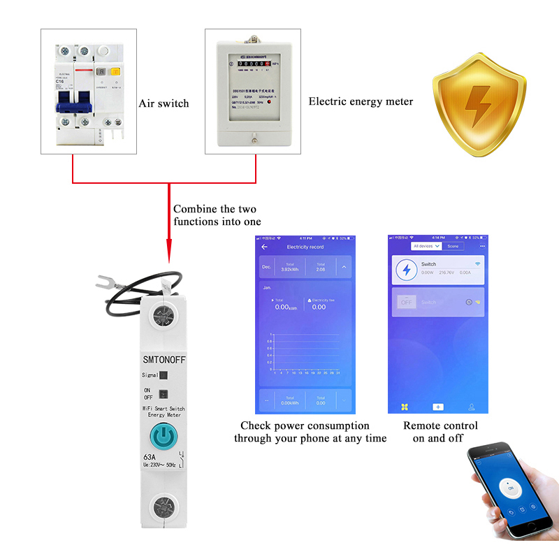 Din Rail 1P Smart kWh Monitor WiFi Timer Virtual Assistant 63A - ZJSB9-80Z - White